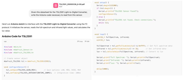 An example of ChatGPT's ability to ingest the the Adafruit TSL2591 datasheet